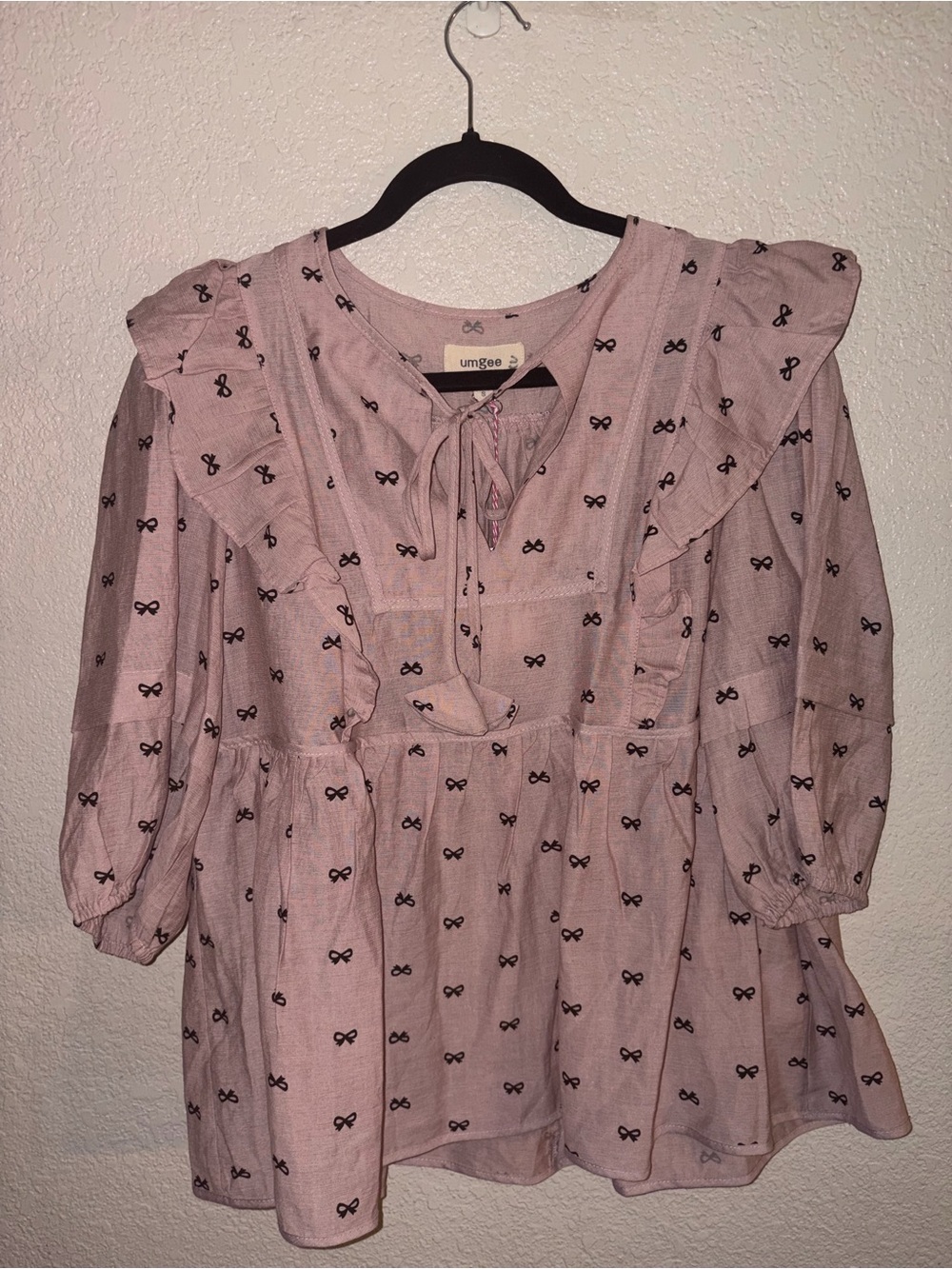 🎀NWT Umgee "Bow🎀 Babydoll Blouse w/3/4 Puff Sleeves w/Ruffles” Mauve💗Black🖤Small - Picture 4 of 14